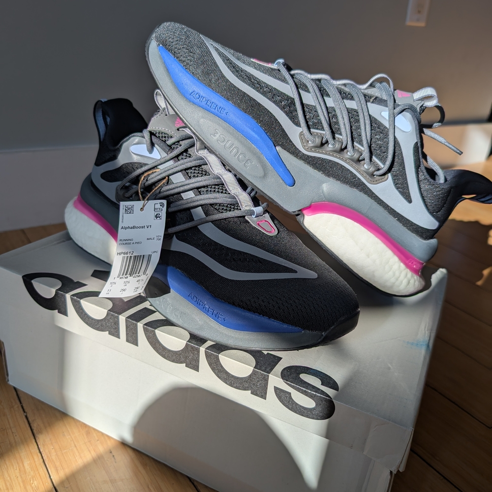 Adidas Mens Alphaboost V1 Running Shoes, Black Blue Pink White